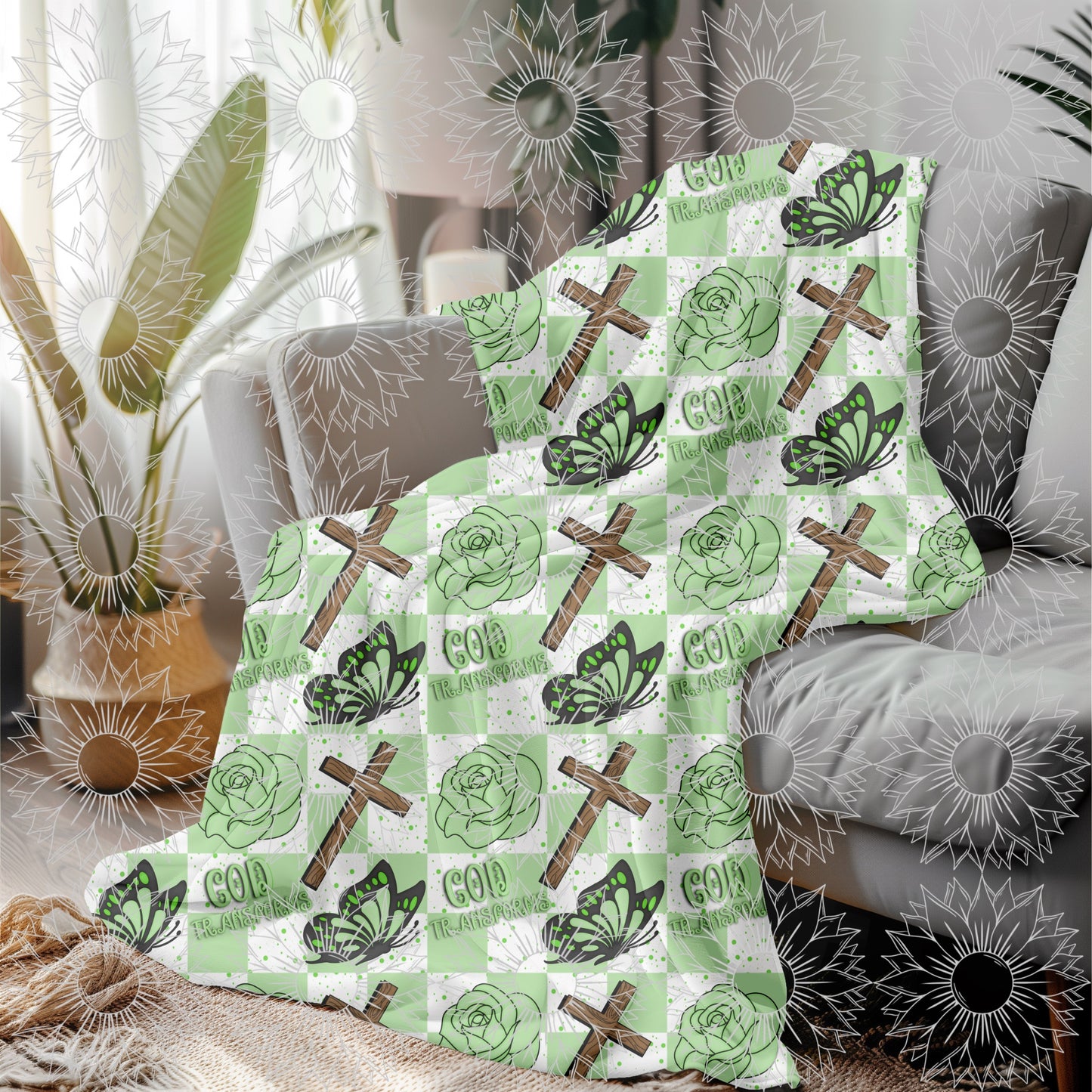 God's Unfailing Love Transforms Us Green Checkered Seamless