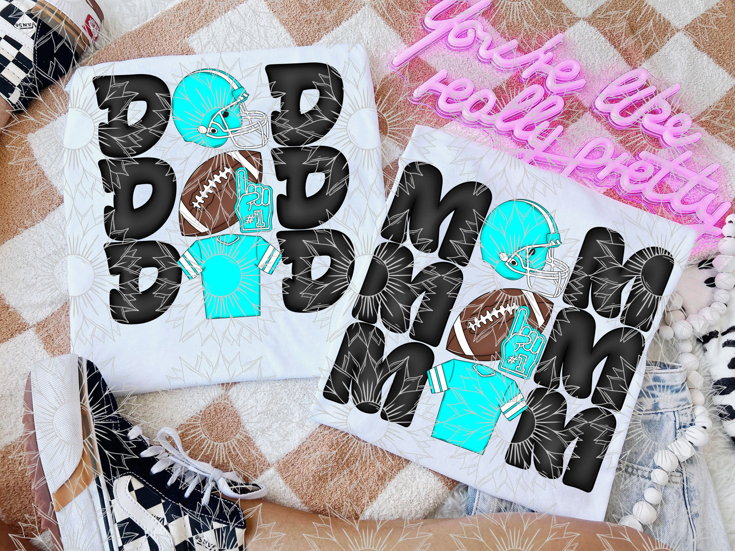 Stacked Football Mom and Dad Turquoise