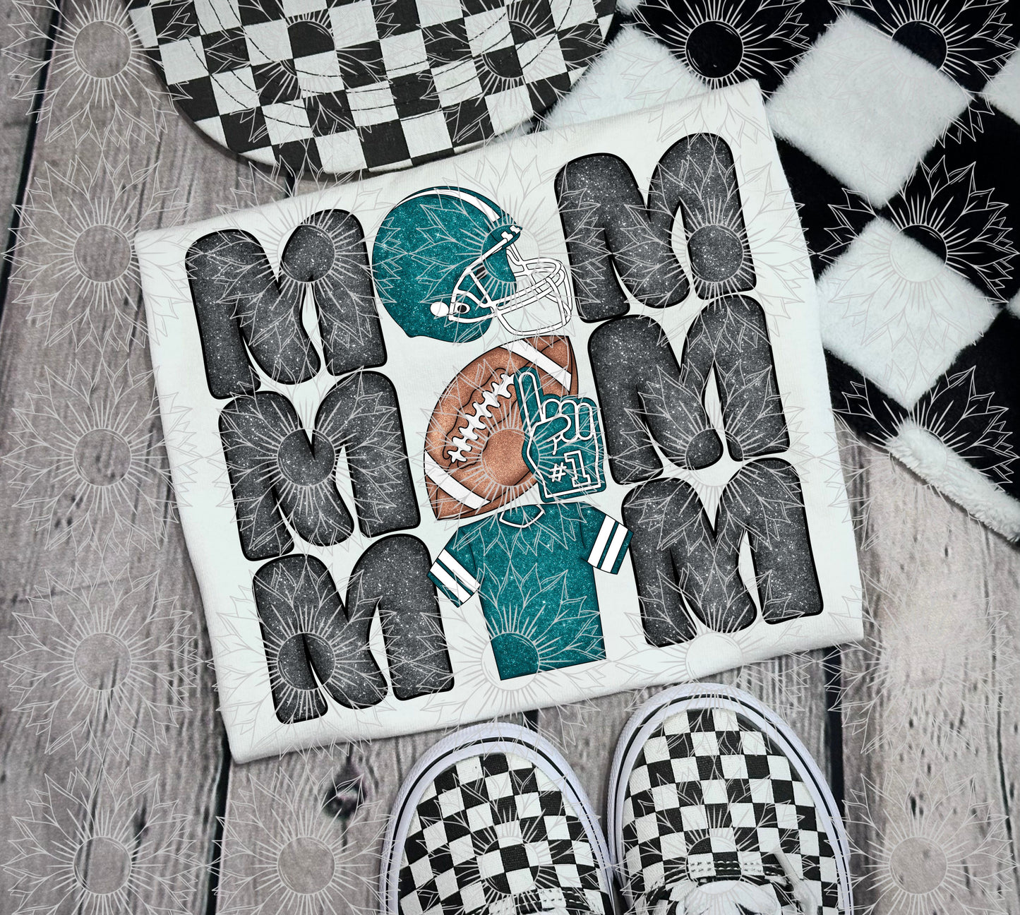 Stacked Football Mom Teal Glitter
