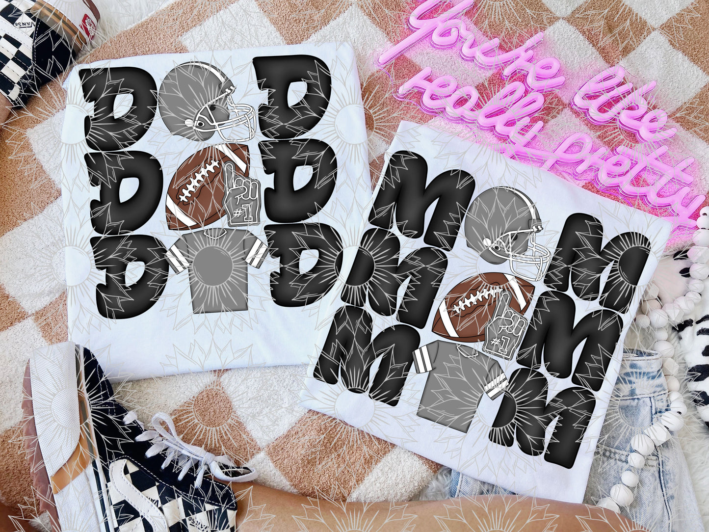 Stacked Football Mom and Dad Gray