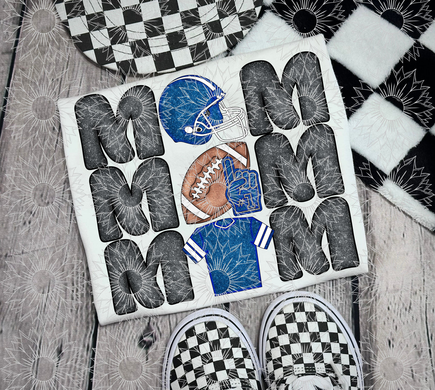 Stacked Football Mom Blue Glitter