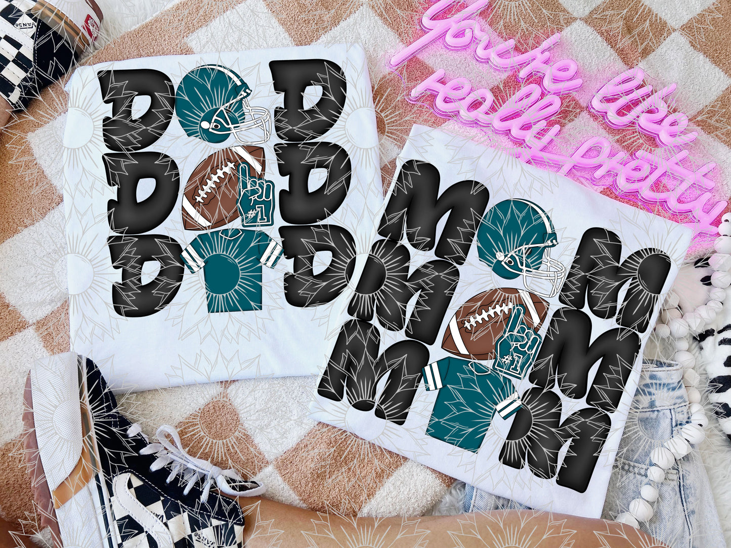 Stacked Football Mom and Dad Teal