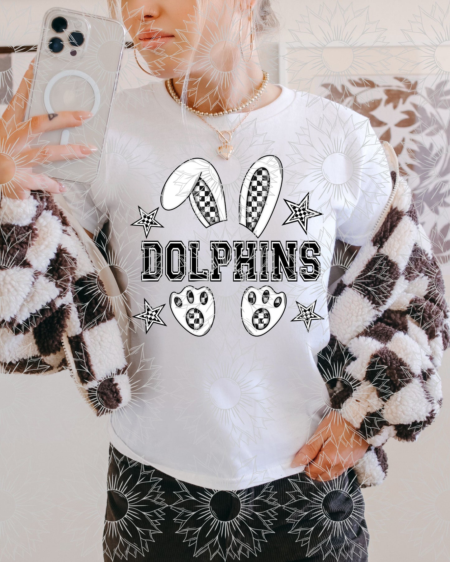 B&W Checkered Mascot Bunny: Dolphins