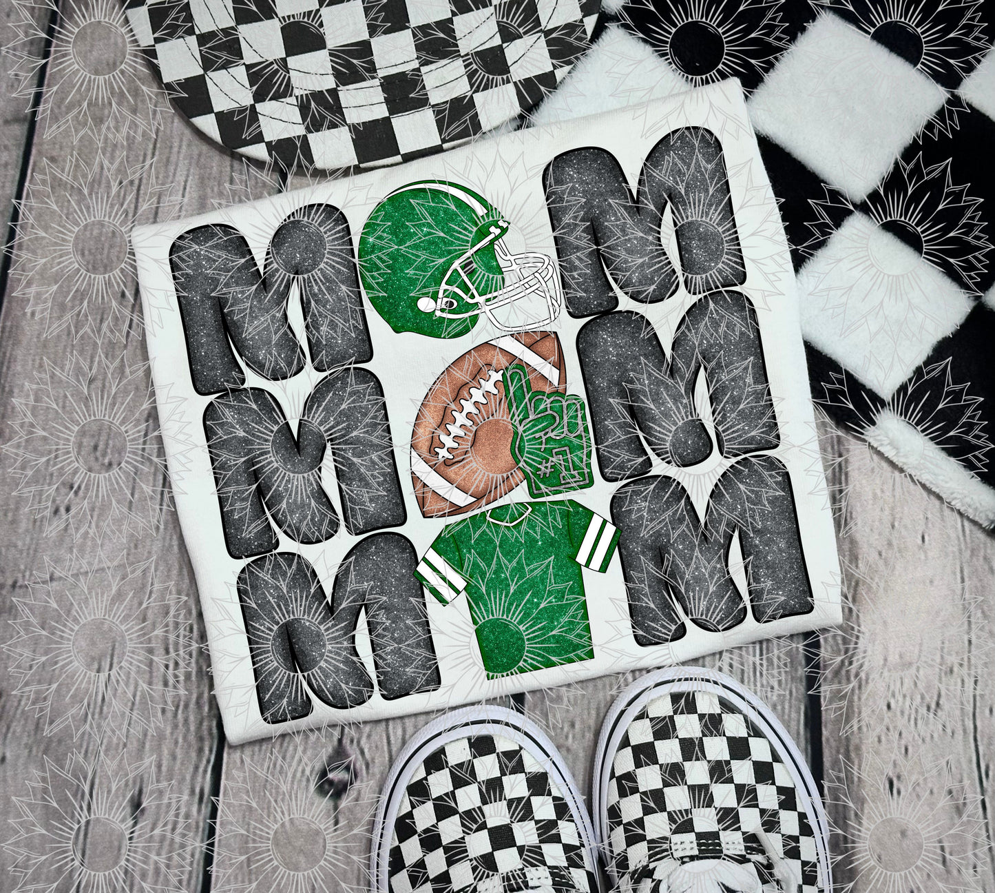 Stacked Football Mom Green Glitter