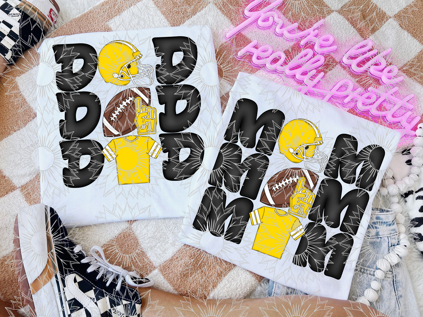 Stacked Football Mom and Dad Yellow