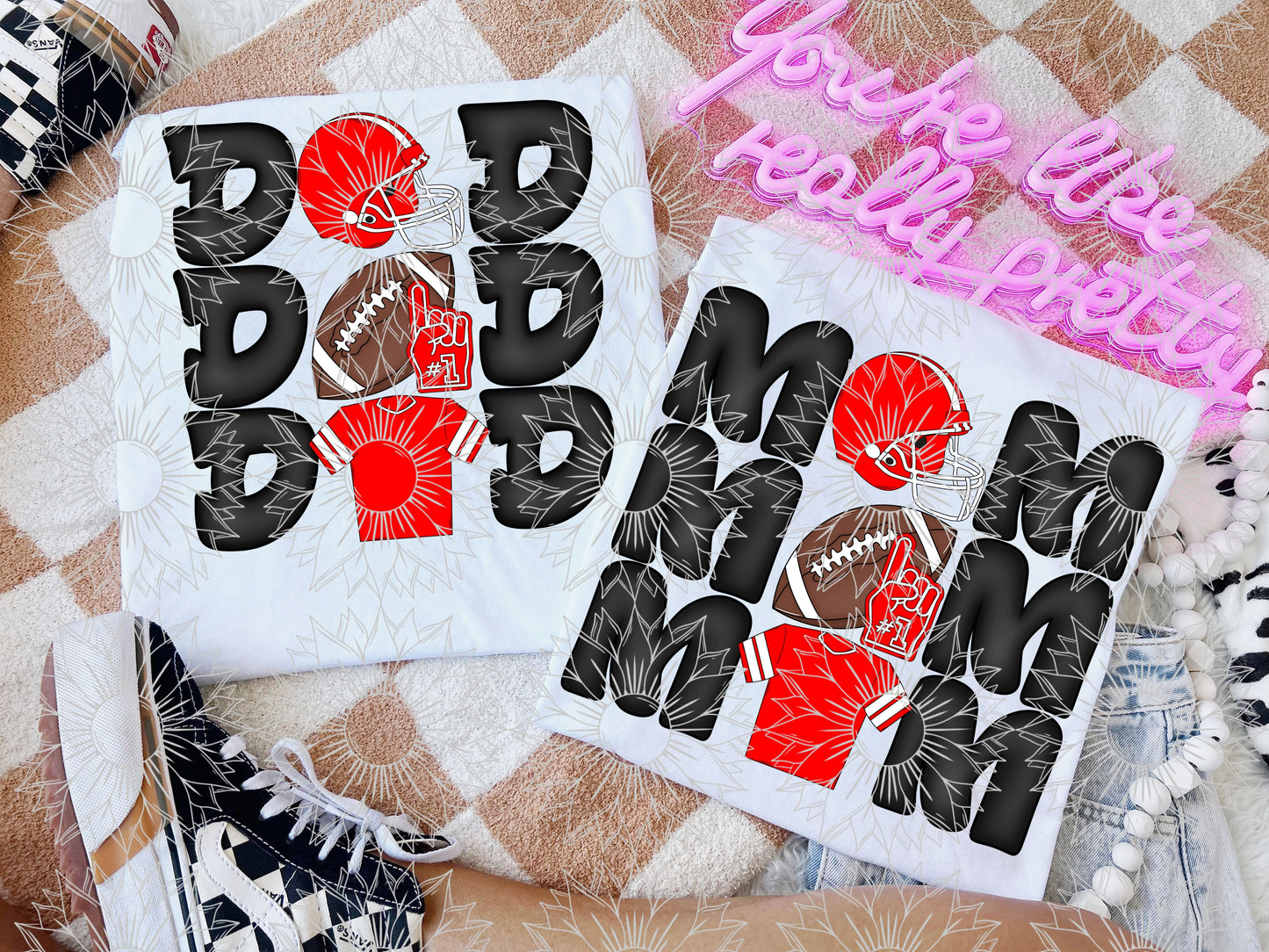 Stacked Football Mom and Dad Red