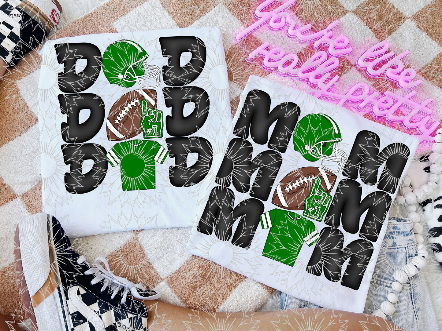 Stacked Football Mom and Dad Green