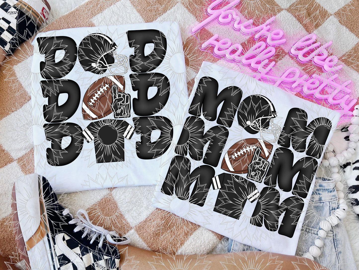 Stacked Football Mom and Dad Black