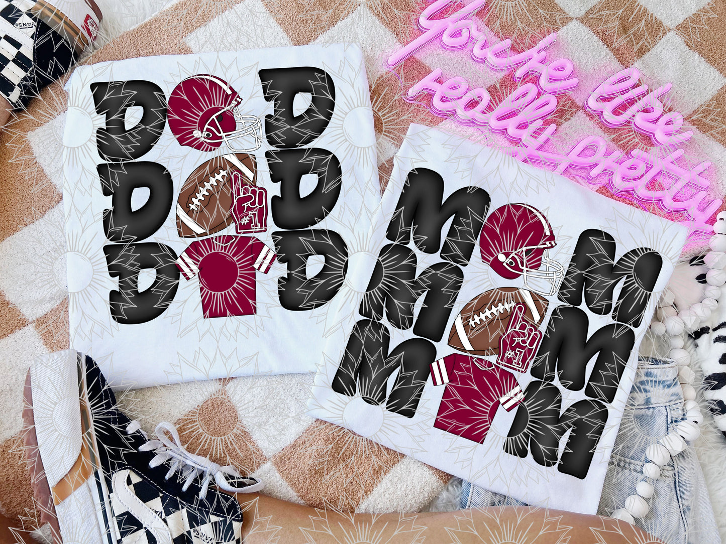 Stacked Football Mom and Dad Maroon