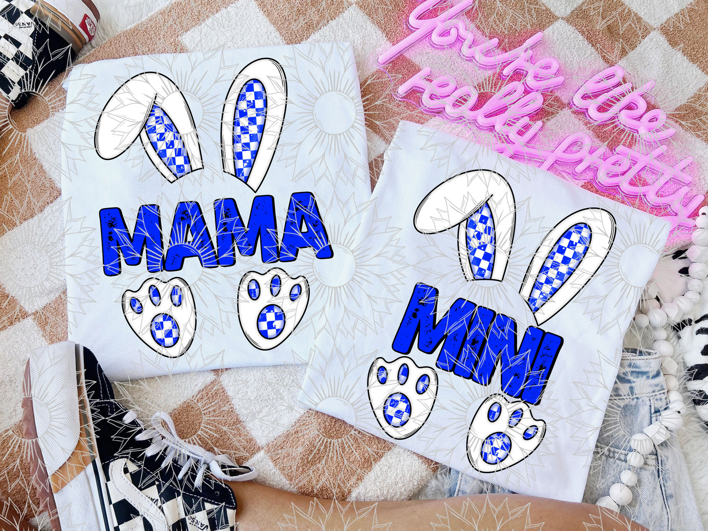 Bunny Mama & Mini Checkered Blue