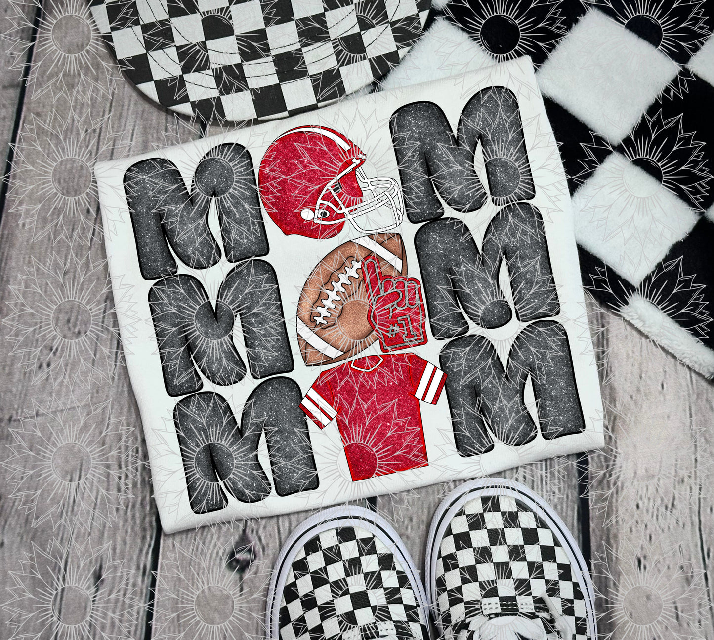 Stacked Football Mom Red Glitter