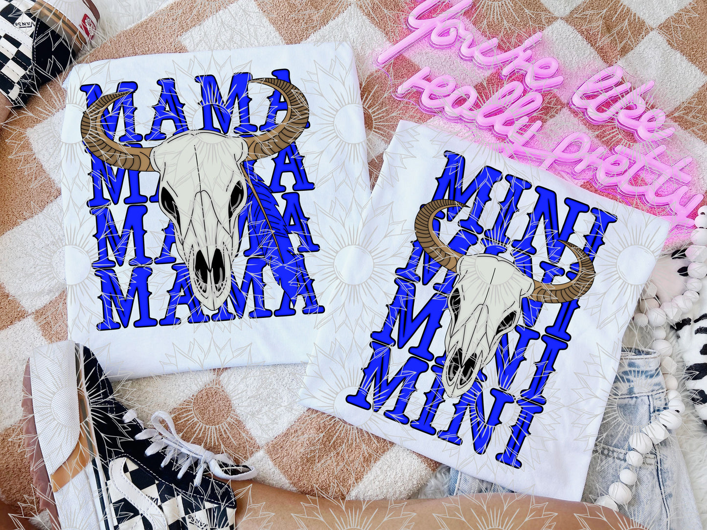 Western Bull Skull Mama/Mini - Blue