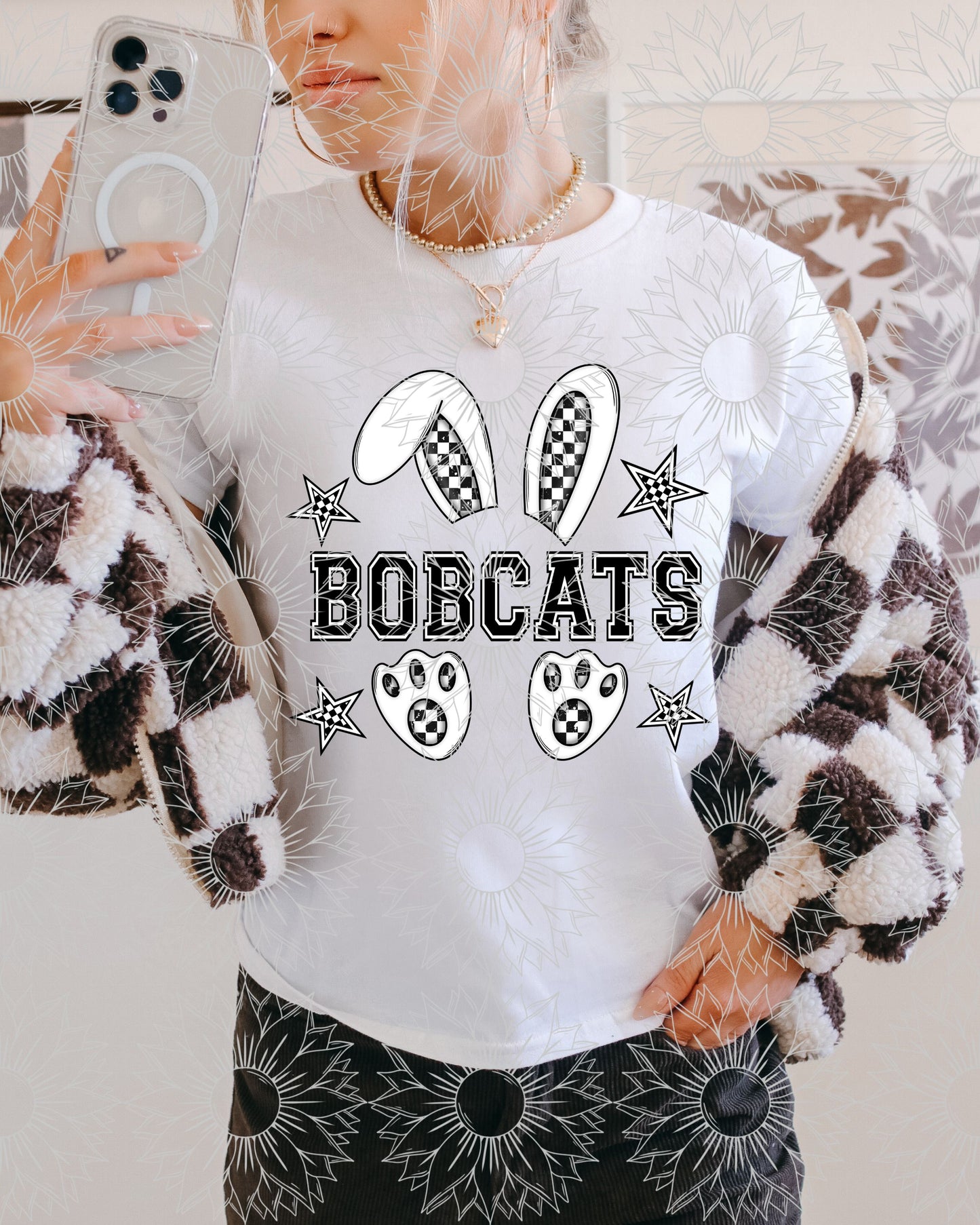 B&W Checkered Mascot Bunny: Bobcats