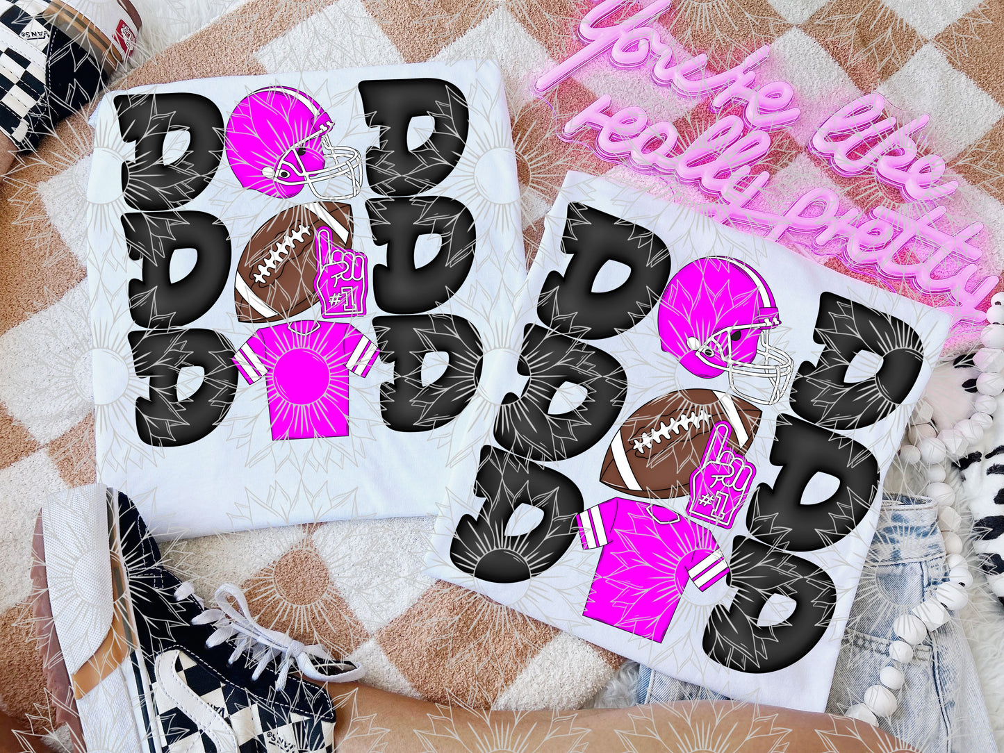 Stacked Football Mom and Dad Pink