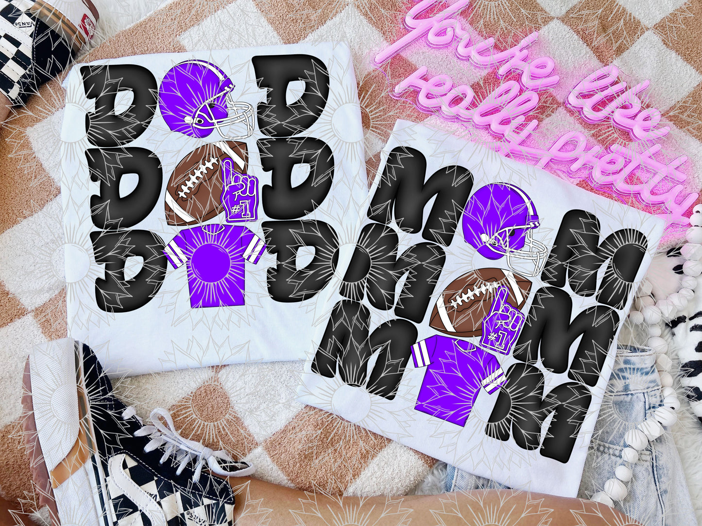 Stacked Football Mom and Dad Purple