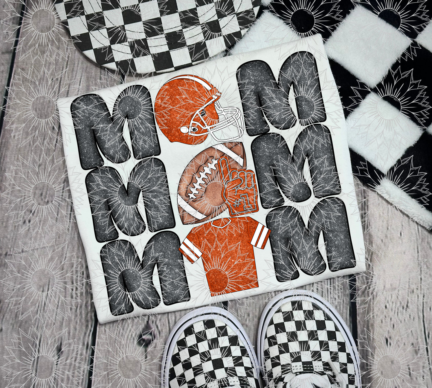 Stacked Football Mom Orange Glitter