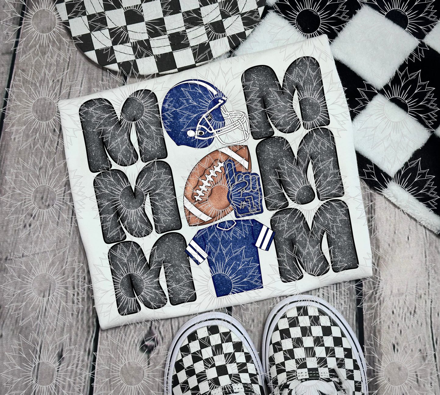 Stacked Football Mom Navy Blue Glitter