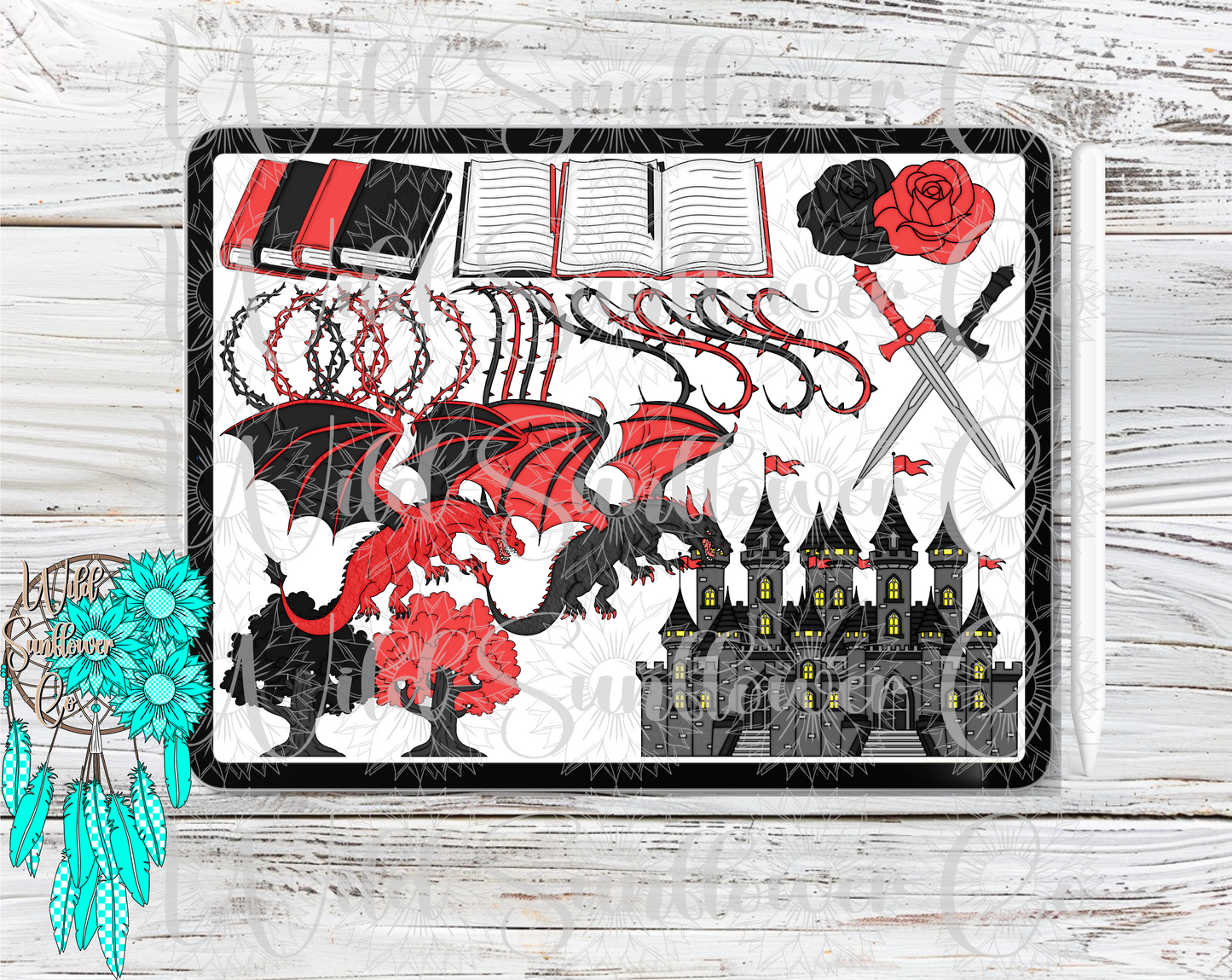 Books & Dragons Red & Black Clipart Set