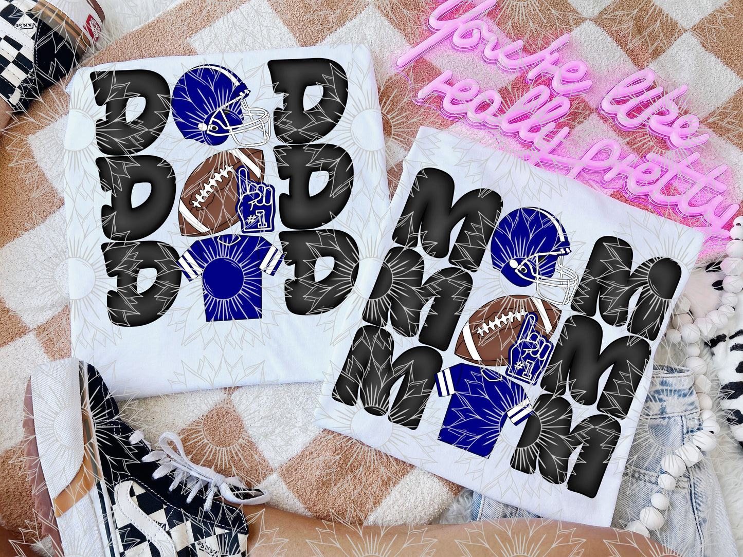 Stacked Football Mom and Dad Navy