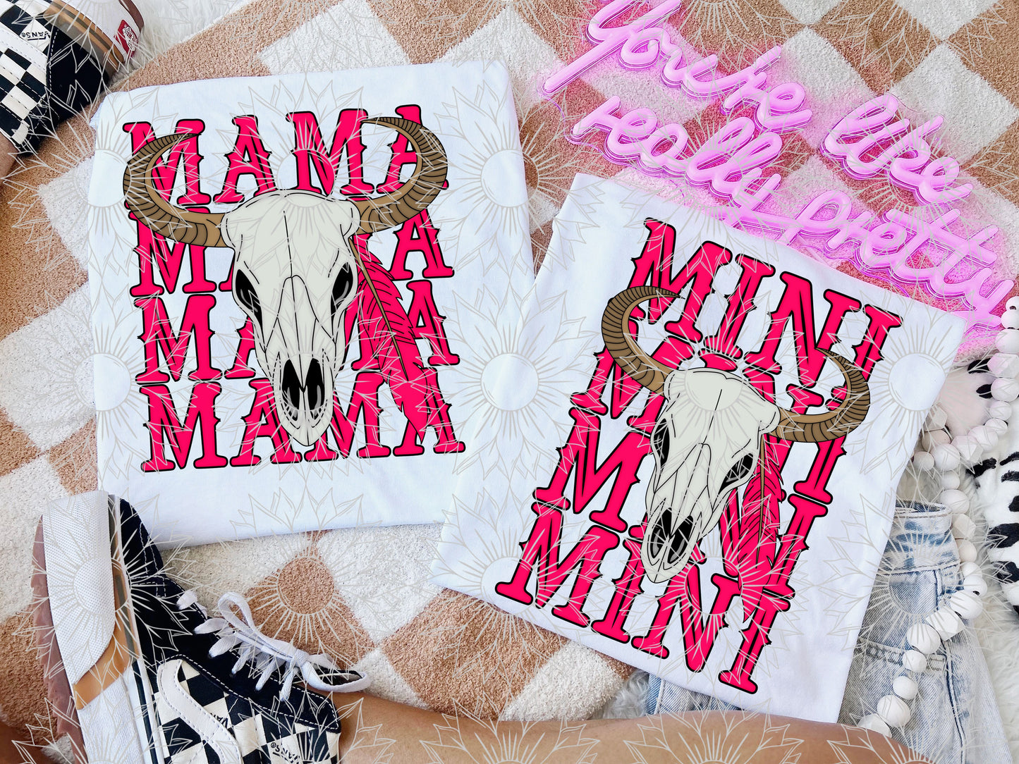Western Bull Skull Mama/Mini - Pink
