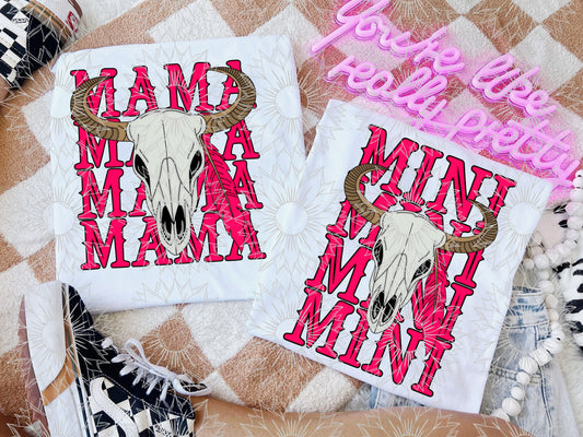 Western Bull Skull Mama/Mini - Pink