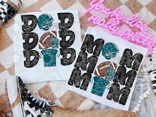 Stacked Football Mom and Dad Teal