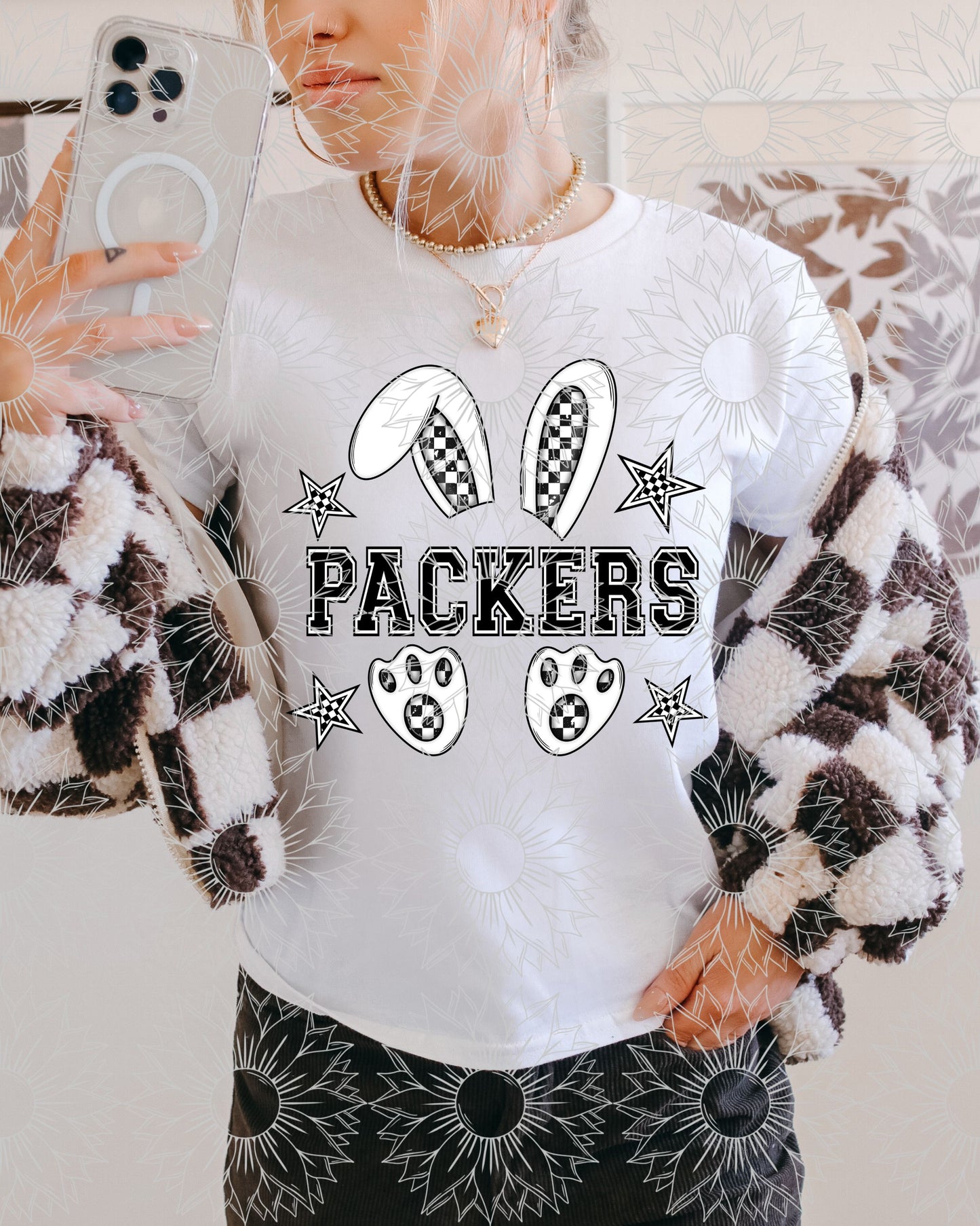 B&W Checkered Mascot Bunny: Packers