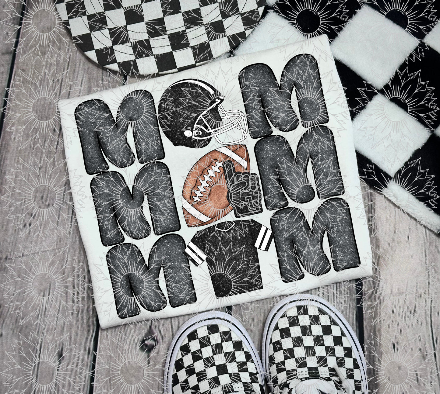Stacked Football Mom Black Glitter