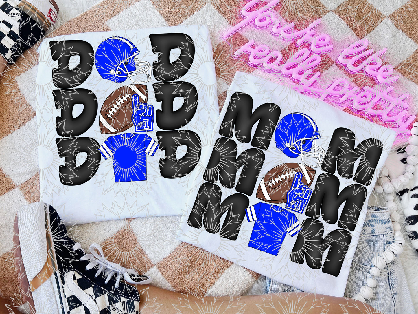 Stacked Football Mom and Dad Blue