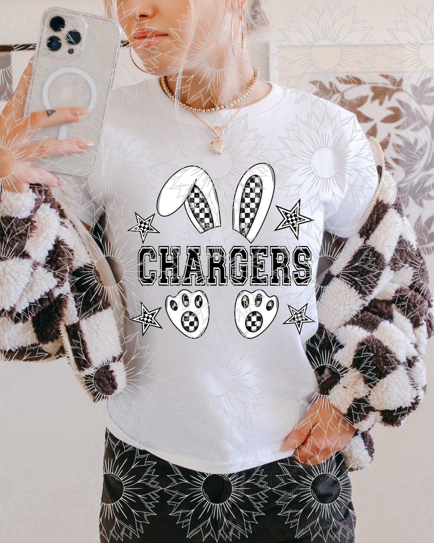 B&W Checkered Mascot Bunny: Chargers