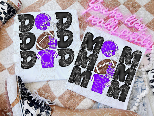 Stacked Football Mom and Dad Purple