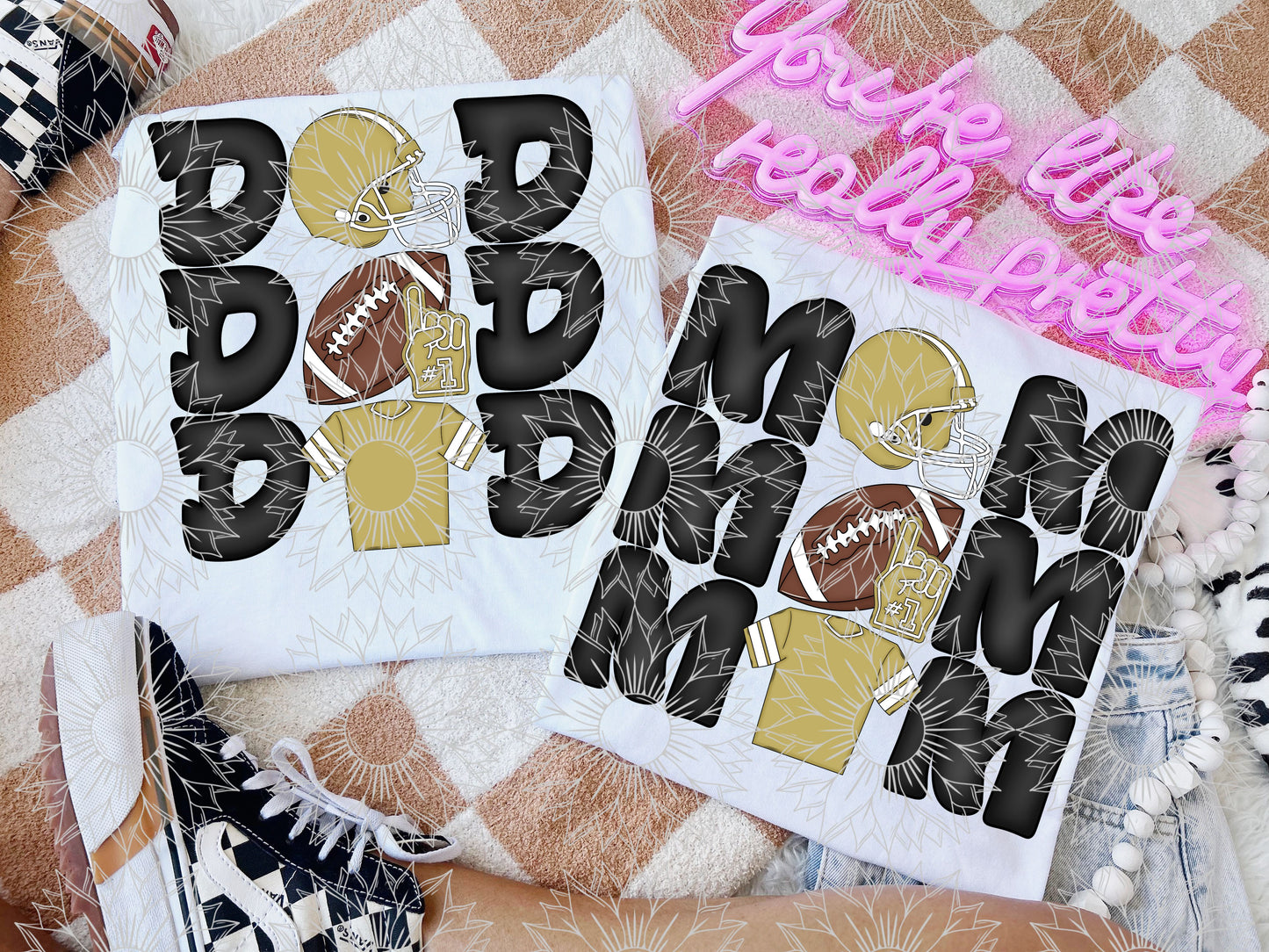 Stacked Football Mom and Dad Gold