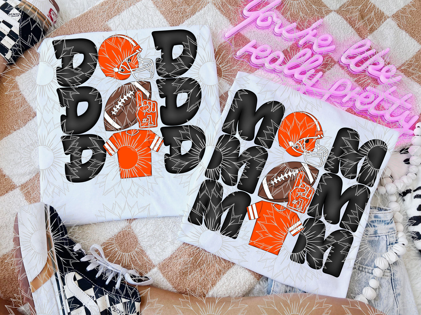 Stacked Football Mom and Dad Orange