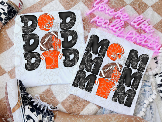 Stacked Football Mom and Dad Orange