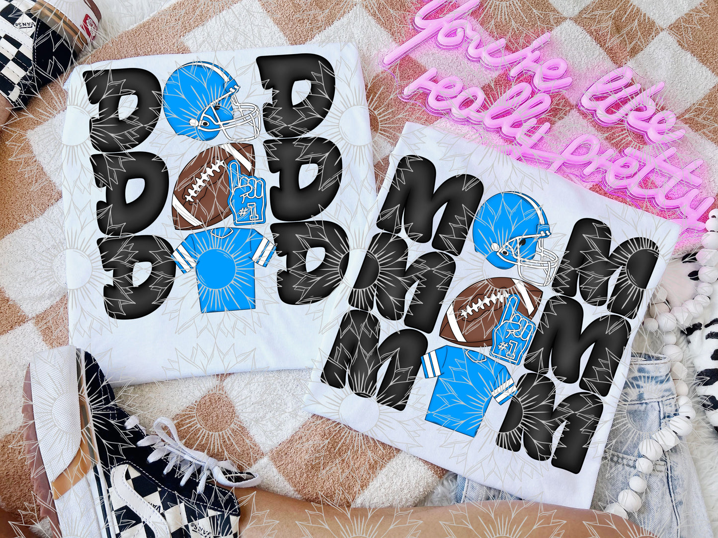 Stacked Football Mom and Dad Light Blue